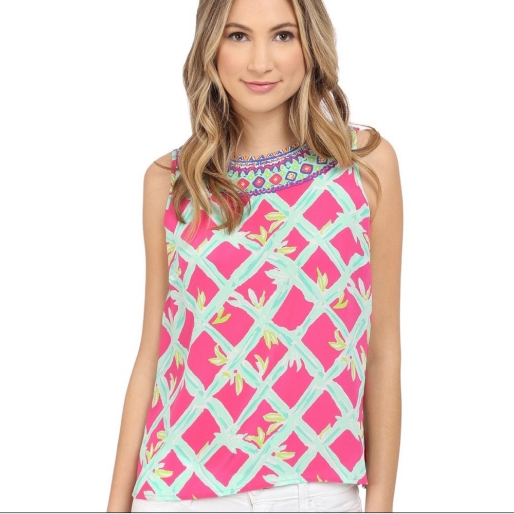Lilly Pulitzer Pink Mint Green Bamboo Print Silk Sleeveless Embroidered Top‎ S